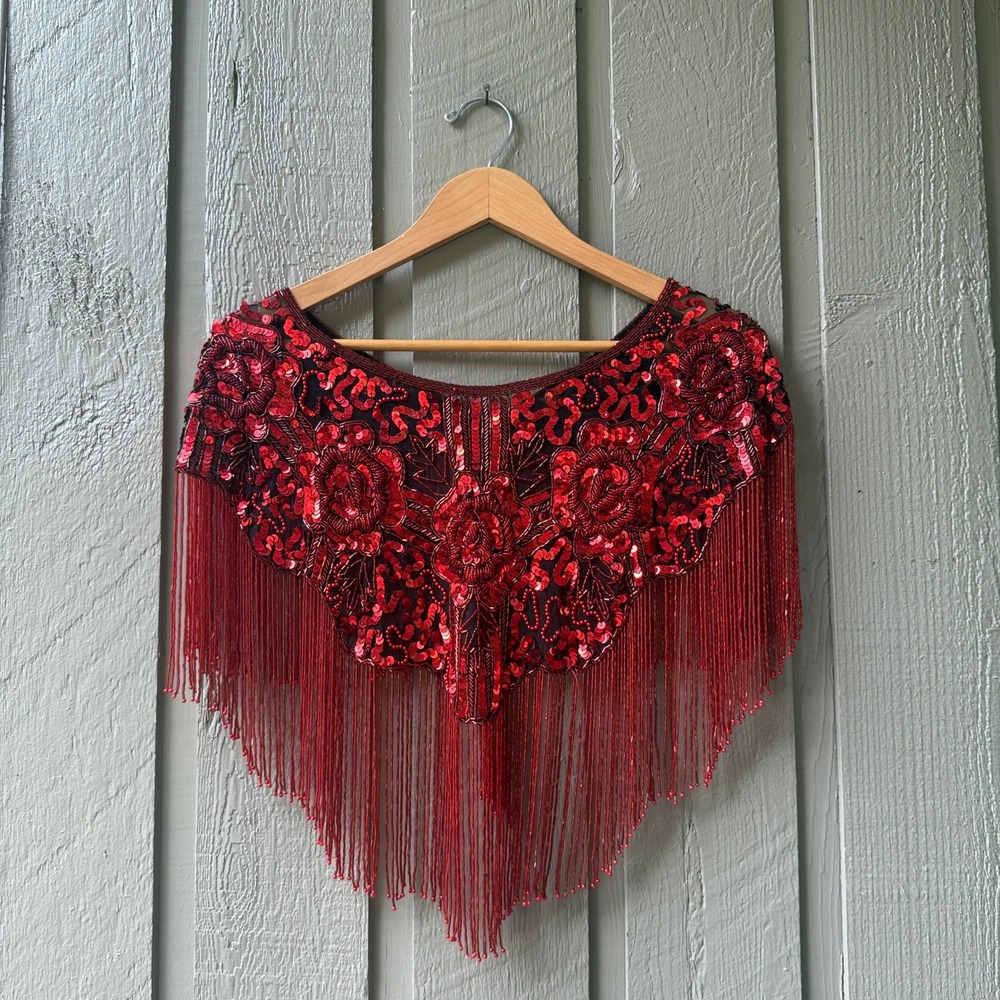 Vintage Beaded Sequin Fringe Capelet Shrug Womens One Size Red Floral Wrap